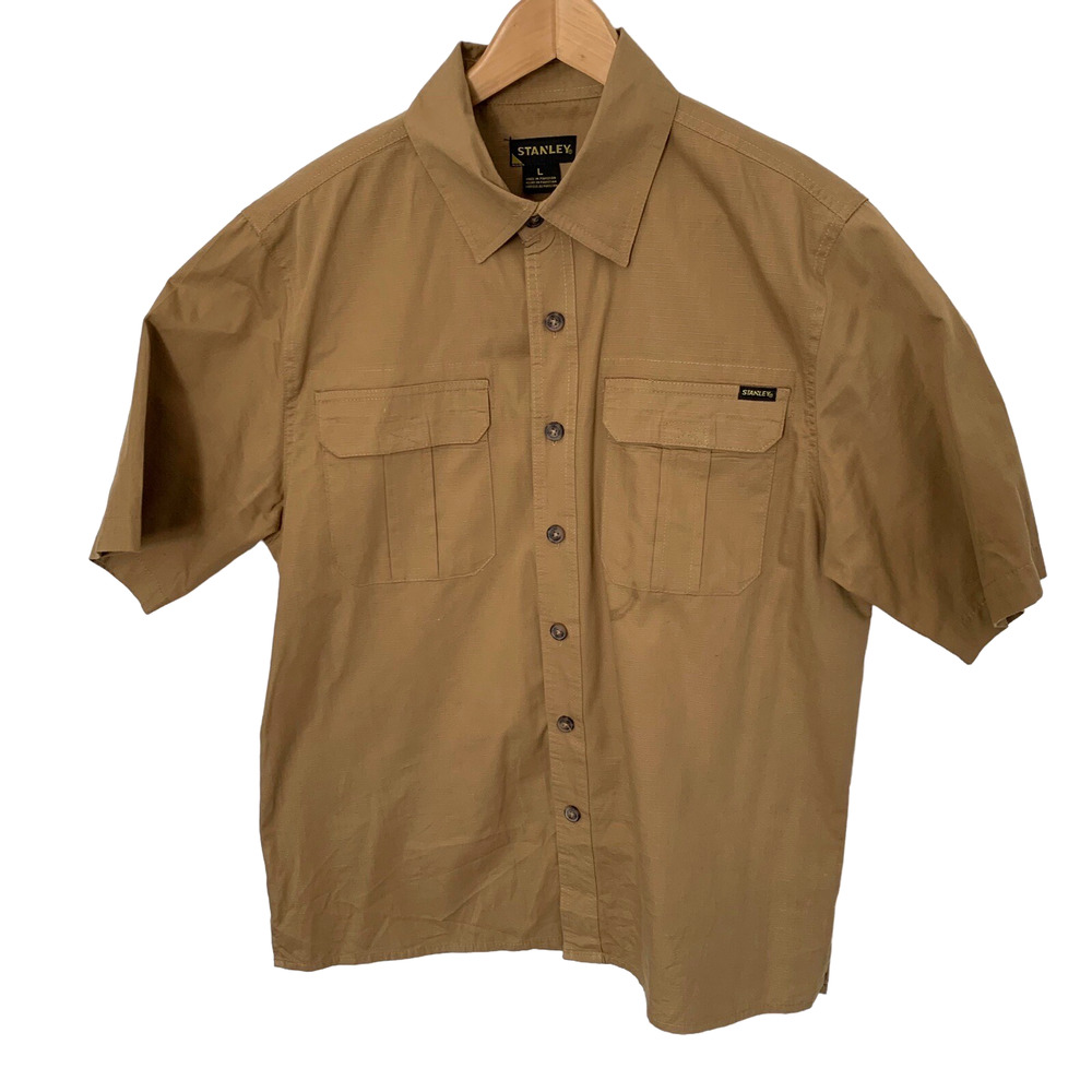 Stanley Workwear Ripstop Shirt Mens Sz Large Short Sleeve Button Up Gold Tan